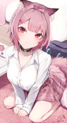 Rule 34 | 1girl, animal ear fluff, animal ears, bag, bed, black collar, blush, breasts, brown hair, brown skirt, cleavage, closed mouth, collar, collarbone, collared shirt, commentary request, dress shirt, eraser, hair ornament, hairclip, highres, indoors, long sleeves, looking at viewer, mayogii, medium breasts, original, pencil, pencil case, plaid, plaid skirt, pleated skirt, red eyes, school bag, school uniform, seiza, shirt, signature, sitting, skirt, sleeves past wrists, solo, table, tail, white shirt, wooden floor