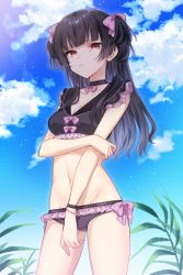 Rule 34 | 1girl, bikini, black bikini, black hair, blue sky, bow, breasts, brown eyes, choker, cleavage, closed mouth, cloud, cloudy sky, collarbone, commentary request, cowboy shot, day, frills, groin, hair bow, idolmaster, idolmaster shiny colors, kurasaki moroko, lens flare, long hair, looking at viewer, mayuzumi fuyuko, medium breasts, navel, outdoors, pink bow, plant, sky, solo, standing, sunlight, swimsuit, two side up