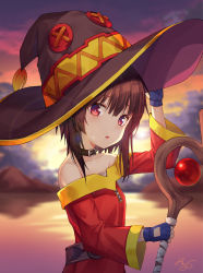 Rule 34 | 1girl, absurdres, bandages, bare shoulders, blue gloves, breasts, brown hair, cape, character cutout, collarbone, commentary, commentary request, day, dress, english commentary, fingerless gloves, gloves, hair between eyes, hat, highres, holding, holding staff, kono subarashii sekai ni shukufuku wo!, large hat, looking at viewer, megumin, mountain, off shoulder, open mouth, outdoors, red eyes, short hair, signature, small breasts, solo, staff, sun, sunlight, water, witch hat, yansae81