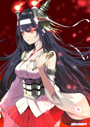 Rule 34 | 10s, 1girl, black hair, breasts, candle, detached sleeves, fusou (kancolle), hachimaki, hair ornament, headband, japanese clothes, kantai collection, large breasts, long hair, naitou ryuu, nontraditional miko, pleated skirt, red background, red eyes, skirt, straw doll, ushi no koku mairi, voodoo doll