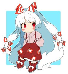 Rule 34 | 1girl, beige shirt, blue background, border, bow, closed mouth, fujiwara no mokou, full body, hair bow, ini (inunabe00), juliet sleeves, long hair, long sleeves, looking at viewer, multicolored bow, multiple bows, ofuda, ofuda on clothes, puffy sleeves, red bow, red eyes, red footwear, red skirt, simple background, skirt, solo, standing, touhou, very long hair, white border, white bow, white hair