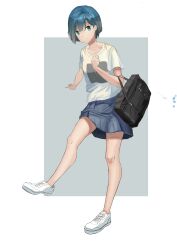 Rule 34 | 1girl, absurdres, bag, black bag, blue hair, blue skirt, bob cut, breasts, chinese commentary, clenched hand, closed mouth, collarbone, commentary request, darling in the franxx, fkl 215, foreshortening, frown, full body, green eyes, grey background, highres, ichigo (darling in the franxx), light frown, looking at viewer, miniskirt, outside border, pleated skirt, school bag, shirt, shoes, short hair, short sleeves, skirt, small breasts, sneakers, solo, standing, t-shirt, white footwear, white shirt