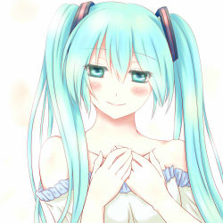 Rule 34 | 1girl, aqua eyes, aqua hair, bare shoulders, blush, collarbone, hair between eyes, hair ribbon, hands on own chest, hatsune miku, long hair, looking at viewer, own hands together, ribbon, ryuusama, simple background, smile, solo, twintails, upper body, vocaloid
