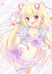 Rule 34 | 1girl, :d, bikini, blonde hair, blue sailor collar, blush, bow, breasts, bridal garter, cleavage, collarbone, commentary request, cowboy shot, diagonal stripes, double scoop, food, frilled bikini, frills, hair between eyes, hair ribbon, hands up, himetsuki luna, holding, holding food, ice cream, ice cream cone, long hair, medium breasts, multicolored bikini, multicolored clothes, navel, open clothes, open mouth, open shirt, original, pink ribbon, purple bow, purple eyes, ribbon, sailor collar, sailor shirt, shirt, short sleeves, smile, solo, star (symbol), striped, striped background, swimsuit, two side up, v, very long hair, white shirt, wrist cuffs