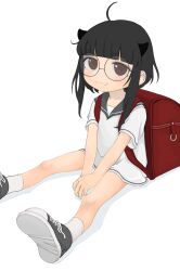 Rule 34 | 1girl, backpack, bag, black eyes, black hair, blush, check copyright, commission, copyright request, dress, flat chest, glasses, highres, horns, looking at viewer, ohgnokuni, original, randoseru, red bag, round eyewear, sailor dress, shoes, short hair, sidelocks, simple background, sitting, skeb commission, smile, sneakers, solo, white background, white dress