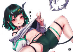 Rule 34 | 1girl, nanashi inc., black hair, black thighhighs, blue hair, choker, closed mouth, clothes lift, commentary request, crop top, demon girl, demon horns, demon tail, feet out of frame, fishnet thighhighs, fishnets, flat chest, green shorts, grey shirt, grey sweater, hair ornament, hairclip, highres, horns, long hair, long sleeves, looking at viewer, midriff, multicolored hair, navel, pointy ears, red eyes, shirt, shishio chris, shorts, simple background, single bare shoulder, sleeves past fingers, sleeves past wrists, solo, sugar lyric, sweater, sweater lift, tail, thighhighs, translation request, two-tone hair, virtual youtuber, w, white background, white choker, yodori visrep