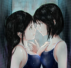 Rule 34 | 2girls, bad id, bad pixiv id, black hair, breasts, competition school swimsuit, dated, female focus, finger to neck, hand on another&#039;s shoulder, height difference, imminent kiss, kakine-666, long hair, looking at another, medium breasts, multiple girls, one-piece swimsuit, original, pink eyes, rain, school swimsuit, short hair, small breasts, swimsuit, tile wall, tiles, wet, yellow eyes, yuri