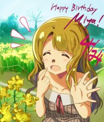 Rule 34 | 10s, 1girl, :d, ^^^, ^ ^, andou shuki, bare tree, blush, brown hair, character name, closed eyes, collarbone, dress, english text, eyebrows, closed eyes, flower, happy birthday, idolmaster, idolmaster million live!, insect on nose, long hair, miyao miya, open mouth, outdoors, pointing, pointing at self, smile, solo, thick eyebrows, tree, wavy hair