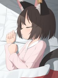Rule 34 | 1girl, absurdres, alternate costume, animal ear fluff, animal ear piercing, animal ears, asakura haru, blanket, breasts, brown hair, buttons, cat ears, cat tail, chen, closed eyes, commentary request, earclip, from side, hands up, highres, light blush, lying, medium breasts, multiple tails, nekomata, no headwear, on side, open mouth, pillow, profile, short hair, sidelighting, sleeping, solo, tail, touhou, two tails, under covers, upper body