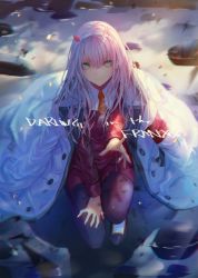 Rule 34 | 10s, 1girl, aqua eyes, closed mouth, clothes on shoulders, coat, copyright name, darling in the franxx, hair between eyes, hand on own hip, headband, lloule, long hair, long sleeves, looking at viewer, necktie, outstretched arm, pantyhose, pink hair, shaded face, shadow, smile, solo, zero two (darling in the franxx)