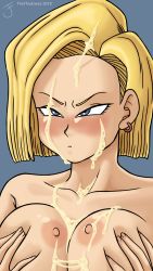 Rule 34 | 1girl, android 18, blonde hair, blue eyes, breasts, cum, dragon ball, dragonball z, female focus, highres, nipples, text focus, thethickness