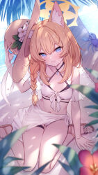 Rule 34 | 1girl, animal ear fluff, animal ears, bare shoulders, beach, bikini, blue archive, blue eyes, blush, braid, day, flower, from above, front-tie bikini top, front-tie top, halo, hat, highres, long hair, looking at viewer, looking up, low twin braids, mari (blue archive), navel, ocean, open mouth, orange hair, outdoors, palm tree, sandals, shade, sitting, smile, solo, straw hat, sunlight, sweat, swimsuit, thigh strap, toes, tree, twin braids, wariza, water, white bikini, white flower, yellow halo, yellowpaint.