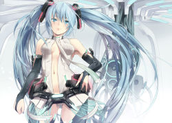 Rule 34 | 1girl, blue eyes, blue hair, bridal gauntlets, elbow gloves, fingerless gloves, gloves, hatsune miku, hatsune miku (append), long hair, matching hair/eyes, navel, solo, twintails, u jie, very long hair, vocaloid, vocaloid append