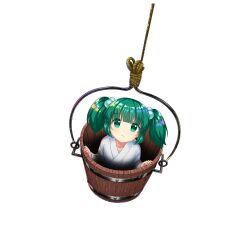 Rule 34 | 1girl, bucket, closed mouth, collarbone, full body, game cg, green eyes, green hair, hair bobbles, hair ornament, highres, in bucket, in container, japanese clothes, kimono, kisume, long sleeves, looking at viewer, rotte (1109), simple background, solo, third-party source, touhou, touhou lostword, two side up, white background, white kimono, wooden bucket