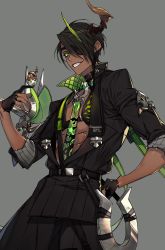 Rule 34 | 1boy, aragami oga, black choker, black hair, choker, cowboy shot, dark-skinned male, dark skin, egg, eyepatch, green eyes, grey background, grin, hair over one eye, hand on own hip, highres, hoe-l, holostars, horns, jewelry, looking at viewer, male focus, on finger, one eye covered, open mouth, pectorals, sharp teeth, short hair, simple background, single horn, slit pupils, smile, solo, standing, teeth, upper body, virtual youtuber