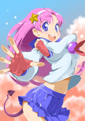 Rule 34 | 1girl, :d, asamiya athena, blue eyes, demon tail, fingerless gloves, gloves, hair ornament, highres, midriff, navel, nonco, open hand, open mouth, outstretched hand, pink hair, pleated skirt, purple eyes, purple hair, school uniform, serafuku, skirt, smile, snk, solo, star (symbol), star hair ornament, tail, the king of fighters