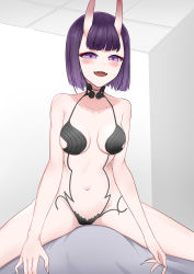 Rule 34 | 1girl, absurdres, bare shoulders, bob cut, breasts, collarbone, eyeliner, fangs, fate/grand order, fate (series), girl on top, highres, horns, lingwuye, looking at viewer, makeup, navel, oni, open mouth, purple eyes, purple hair, revealing clothes, short hair, shuten douji (fate), skin-covered horns, small breasts, smile, straddling, thighs