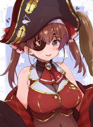 Rule 34 | 1girl, arrow through heart, ascot, bare shoulders, bicorne, black coat, black hat, blouse, blush, bodystocking, breasts, buttons, cleavage, coat, crop top, embroidery, epaulettes, eyepatch, hair ribbon, hat, hololive, houshou marine, large breasts, leotard, leotard under clothes, long hair, looking at viewer, off shoulder, open mouth, randou, red ascot, red eyes, red hair, red ribbon, red shirt, ribbon, see-through, see-through cleavage, see-through leotard, shirt, sleeveless, smile, solo, twintails, virtual youtuber