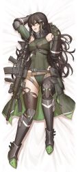 Rule 34 | 1girl, absurdres, arm up, armored boots, assault rifle, bed sheet, belt, black hair, black pantyhose, black thighhighs, boots, brown hair, cheogtanbyeong, coat, commentary request, dakimakura (medium), detached sleeves, frown, gauntlets, girls&#039; frontline, gloves, green coat, green hair, green leotard, gun, highres, knee up, korean commentary, leotard, long hair, long sleeves, looking at viewer, lying, m4 carbine, m4a1 (girls&#039; frontline), m4a1 (mod3) (girls&#039; frontline), multicolored hair, on back, open mouth, pantyhose, pouch, ribbed leotard, rifle, solo, streaked hair, thighhighs, torn clothes, torn leotard, torn pantyhose, two-tone hair, weapon, yellow eyes
