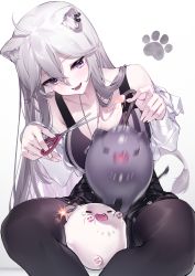 Rule 34 | 1girl, :d, ahoge, animal ear fluff, animal ears, black pantyhose, black shorts, breasts, ear piercing, grey eyes, grey hair, highres, holding, holding scissors, hololive, large breasts, lion ears, long hair, looking at animal, motion blur, open mouth, pantyhose, piercing, scissors, shishiro botan, shishiro botan (button-down), shorts, simple background, smile, solo, ssrb (shishiro botan), very long hair, virtual youtuber, white background, yaguo