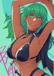 Rule 34 | 1girl, absurdres, aduti momoyama, armpits, arms up, bikini, black bikini, breasts, byleth (female) (fire emblem), byleth (female) (summer) (fire emblem), byleth (fire emblem), cleavage, closed mouth, dark-skinned female, dark skin, fire emblem, fire emblem: three houses, green eyes, green hair, highres, large breasts, long hair, looking at viewer, navel, nintendo, smile, solo, swimsuit