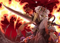 Rule 34 | 1girl, blonde hair, burning, claws, fate/grand order, fate (series), feet, female focus, fire, fire, grinhi guma, holding, holding sword, holding weapon, horns, ibaraki douji (fate), japanese clothes, kimono, legs, long hair, looking at viewer, monster girl, oni, oni horns, short kimono, sitting, solo, sword, toenails, toes, weapon, yellow eyes, yellow kimono