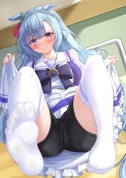 1girl absurdres animal_ears bike_shorts black_shorts blue_hair blush bow braid breasts closed_mouth clothes_lift commentary_request crown_braid ear_ornament feet foot_focus highres horse_ears horse_girl horse_tail light_blue_hair medium_breasts mejiro_ardan_(umamusume) on_bed petticoat pleated_skirt puffy_short_sleeves puffy_sleeves purple_bow purple_eyes purple_shirt shirt short_sleeves shorts skirt skirt_lift smile soles solo summer_uniform tail thighhighs umamusume umatoriinnnu white_skirt white_thighhighs