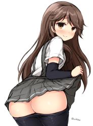 Rule 34 | 10s, 1girl, arashio (kancolle), arm warmers, ass, ass support, back, brown eyes, brown hair, clothes lift, clothes pull, don (29219), kantai collection, long hair, looking at viewer, miniskirt, no panties, pleated skirt, school uniform, shirt, short sleeves, shorts, shorts pull, shorts under skirt, skirt, skirt lift, smile, solo, suspenders, white shirt