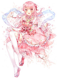 Rule 34 | 1girl, :d, bad id, bad pixiv id, bang dream!, blush, bow, branch, breasts, commentary, dress, floral print, flower, frilled dress, frilled sleeves, frilled thighhighs, frills, full body, hagoromo, hair between eyes, hair bow, hair ornament, hairclip, hand up, highres, long sleeves, looking at viewer, maruyama aya, medium breasts, obi, open mouth, pink dress, pink flower, pink hair, platform footwear, pleated skirt, print dress, red bow, red eyes, red footwear, sash, shawl, sidelocks, skirt, smile, solo, symbol-only commentary, taya oco, thighhighs, twitter username, white background, white skirt, white thighhighs, wide sleeves
