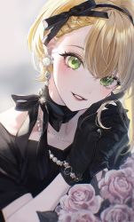 Rule 34 | 1girl, black ribbon, blonde hair, blush, bow hairband, earrings, flower, gloves, green eyes, hair ornament, hairband, highres, idolmaster, idolmaster cinderella girls, jewelry, long hair, looking at viewer, magako, miyamoto frederica, necklace, own hands together, ribbon, simple background, solo, upper body
