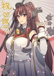 Rule 34 | 1girl, breasts, brown eyes, brown hair, cherry blossoms, coat, coat on shoulders, collar, cowboy shot, hair ornament, headgear, holding, holding umbrella, kantai collection, kasumi (skchkko), large breasts, light smile, lips, long hair, looking at viewer, metal collar, oil-paper umbrella, pleated skirt, ponytail, radar, red sailor collar, red umbrella, sailor collar, skirt, sleeveless, sleeveless coat, solo, umbrella, white coat, white skirt, yamato (kancolle), yamato kai ni (kancolle)