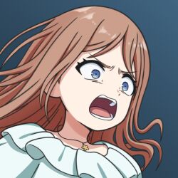Rule 34 | 1girl, bang dream!, bang dream! it&#039;s mygo!!!!!, blue background, blue eyes, brown hair, commentary request, jewelry, long hair, nagasaki soyo, necklace, open mouth, sidelocks, simple background, solo, teeth, temple o dragon, upper body, wide-eyed