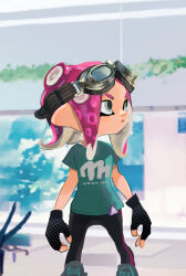 Rule 34 | 1girl, :/, arms at sides, black gloves, blue shirt, closed mouth, fingerless gloves, gloves, goggles, goggles on head, grey eyes, highres, koike3582, legs apart, long hair, nintendo, octoling, octoling girl, octoling player character, pink hair, shirt, short sleeves, solo, splatoon (series), standing, suction cups, t-shirt, tentacle hair