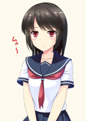 Rule 34 | 1girl, black hair, blue skirt, blush, commentary, eyebrows, frown, jitome, long hair, looking at viewer, neckerchief, original, pleated skirt, pout, red eyes, red neckerchief, school uniform, serafuku, simple background, skirt, solo, swept bangs, tan background, translated, yuushi (renkun)