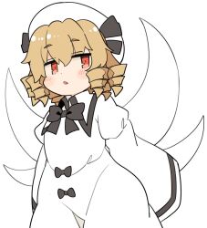 Rule 34 | 1girl, blonde hair, blush, dress, drill hair, fairy, fairy wings, hair between eyes, hat, ini (inunabe00), luna child, parted lips, red eyes, short hair, simple background, sleeves past fingers, sleeves past wrists, solo, touhou, white background, white dress, white hat, wide sleeves, wings