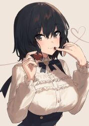 Rule 34 | 1girl, bad link, black bow, black bowtie, black hair, black skirt, bow, bowtie, breasts, brown eyes, buttons, chocolate, chorefuji, closed mouth, collared shirt, commentary request, food, frills, hair between eyes, hands up, heart, high-waist skirt, highres, holding, holding chocolate, holding food, large breasts, long sleeves, looking at viewer, medium hair, original, shirt, skirt, smile, solo, white shirt