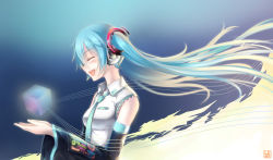 Rule 34 | 1girl, blue hair, detached sleeves, closed eyes, hair ornament, hatsune miku, headphones, long hair, luzi, music, necktie, open mouth, singing, smile, solo, twintails, vocaloid, wind