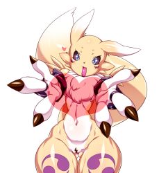Rule 34 | 1girl, :3, bar censor, black sclera, blue eyes, blush, bridal gauntlets, censored, colored sclera, cowboy shot, digimon, digimon (creature), digimon tamers, female focus, furry, furry female, gloves, gluteal fold, groin, happy, heart, himamushi nyuudou, incoming hug, light blush, looking at viewer, navel, nose blush, nude, open mouth, outstretched arms, purple gloves, renamon, shiny clothes, shiny skin, simple background, smile, solo, standing, stomach, thick thighs, thigh gap, thighs, transparent censoring, white background, wide hips