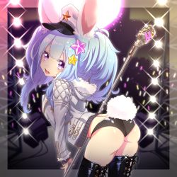 Rule 34 | 1girl, animal ears, arched back, ass, bad id, bad twitter id, bent over, black panties, blue hair, boots, character request, copyright request, fur trim, hat, highres, jacket, looking at viewer, looking back, open clothes, open jacket, panties, peaked cap, rabbit ears, rabbit tail, samei ikusa, solo, tail, thigh boots, thighhighs, underwear