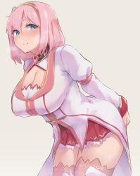Rule 34 | 1girl, absurdres, blue eyes, blush, breasts, cleavage, cleavage cutout, clothing cutout, dress, hairband, highres, large breasts, leaning forward, long sleeves, looking at viewer, nitro (mugityaoisii), pink hair, princess connect!, puffy sleeves, red skirt, short hair, skirt, smile, solo, split mouth, thighhighs, thighs, white dress, yui (princess connect!)