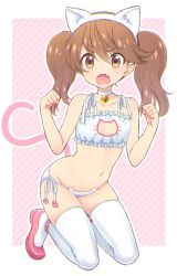 Rule 34 | 10s, 1girl, animal ears, bell, neck bell, brown eyes, brown hair, cat cutout, cat ear panties, cat ears, cat lingerie, cat tail, cleavage cutout, clothing cutout, collar, fang, hairband, jingle bell, kantai collection, kneeling, looking at viewer, meme attire, midriff, mochiya marosuke, navel, open mouth, panties, paw pose, ryuujou (kancolle), side-tie panties, solo, tail, thighhighs, twintails, underwear