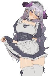Rule 34 | 1girl, absurdres, alternate costume, animal ears, apron, black gloves, blush, chikafuji lisa, choker, closed mouth, clothes lift, commission, curled horns, dress, dress lift, ear piercing, embarrassed, enmaided, fingerless gloves, frilled choker, frilled dress, frills, gloves, grey hair, highres, horns, indie virtual youtuber, jewelry, juliet sleeves, long sleeves, looking to the side, maid, maid headdress, mole, mole under eye, piercing, puffy sleeves, purple eyes, purple horns, roivas, sheep ears, sheep girl, sheep horns, short sleeves, simple background, skeb commission, skindentation, solo, thighhighs, virtual youtuber, waist apron, white apron, white background, white thighhighs, zettai ryouiki