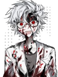 Rule 34 | 1boy, ai (7148339745), blood, blood on clothes, blood on face, chinese commentary, collarbone, commentary request, glasses, grey shirt, highres, kanou aogu, lab coat, looking at viewer, male focus, open clothes, open mouth, pale skin, red eyes, saibou shinkyoku, semi-rimless eyewear, shirt, short hair, sketch, smile, solo, upper body, white hair