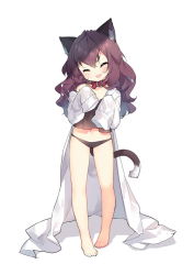 Rule 34 | 10s, 1girl, ^ ^, animal ears, barefoot, black panties, blush, cat ears, cat tail, child, closed eyes, full body, ichinose shiki, idolmaster, idolmaster cinderella girls, kemonomimi mode, lab coat, long hair, navel, open mouth, oversized clothes, panties, saru, simple background, sleeves past wrists, smile, solo, tail, tank top, underwear, white background, aged down