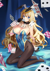 Rule 34 | 10s, 1girl, ace (playing card), ace of diamonds, ace of spades, animal ears, atago (kancolle), bare shoulders, black pantyhose, blonde hair, blue eyes, blush, breasts, card, checkered floor, choker, collarbone, covered navel, diamond (shape), fake animal ears, fur, gloves, high heels, jack (playing card), jack of spades, kantai collection, kneeling, large breasts, leotard, long hair, looking at viewer, miyazakisoul, pantyhose, playboy bunny, playing card, rabbit ears, rabbit tail, smile, solo, spade (shape), tail, wrist cuffs