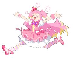 Rule 34 | 1girl, :3, :d, arms up, blonde hair, bow, closed eyes, crown, cure wonderful, dot nose, dress, dress bow, earrings, fugota6509, full body, happy, highres, inukai komugi, jewelry, layered dress, long hair, magical girl, multicolored hair, multicolored pantyhose, open mouth, pantyhose, pink dress, pink footwear, pink hair, pink pantyhose, pink wrist cuffs, precure, puffy short sleeves, puffy sleeves, running, short sleeves, signature, simple background, smile, solo, striped clothes, striped pantyhose, thick eyebrows, two-tone hair, two-tone legwear, two side up, white background, wonderful precure!, wrist cuffs, yellow pantyhose