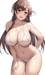 Rule 34 | 1girl, :d, absurdres, alternate breast size, arm behind back, bikini, blush, breasts, brown eyes, brown hair, collarbone, groin, hand on own thigh, highres, huge breasts, jasony, kanojo okarishimasu, large breasts, leaning forward, mizuhara chizuru, navel, one side up, open mouth, simple background, smile, solo, stomach, swimsuit, teeth, thighs, upper teeth only, white background, white bikini
