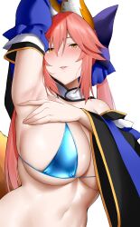 Rule 34 | 1girl, absurdres, animal ear fluff, animal ears, arind yudha, arm up, armpits, bare shoulders, bikini, blue bikini, blue bow, blush, bow, breasts, cleavage, detached collar, detached sleeves, fate/extra, fate/grand order, fate (series), fox ears, fox girl, fox tail, hair between eyes, hair bow, highres, large breasts, long hair, looking at viewer, navel, parted lips, pink hair, sidelocks, smile, solo, swimsuit, tail, tamamo (fate), tamamo no mae (fate/extra), twintails, wide sleeves, yellow eyes