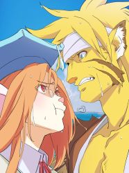Rule 34 | 1boy, 1girl, animal ears, annoyed, blonde hair, blue eyes, breath of fire, breath of fire iii, cat ears, closed mouth, cloud, furry, furry male, glasses, hat, highres, long hair, momo (breath of fire), nori (norimakigumo), pout, red eyes, rei (breath of fire), sweatdrop