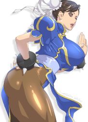 Rule 34 | 1girl, blue dress, bracelet, breasts, brown eyes, brown hair, brown pantyhose, bun cover, capcom, china dress, chinese clothes, chun-li, commentary request, double bun, dress, eyeshadow, fighting stance, from side, hair bun, hand on own hip, highres, jewelry, kotoyoshi yumisuke, large breasts, makeup, open mouth, pantyhose, pelvic curtain, puffy short sleeves, puffy sleeves, sash, short sleeves, side slit, spiked bracelet, spikes, street fighter, thick thighs, thighs